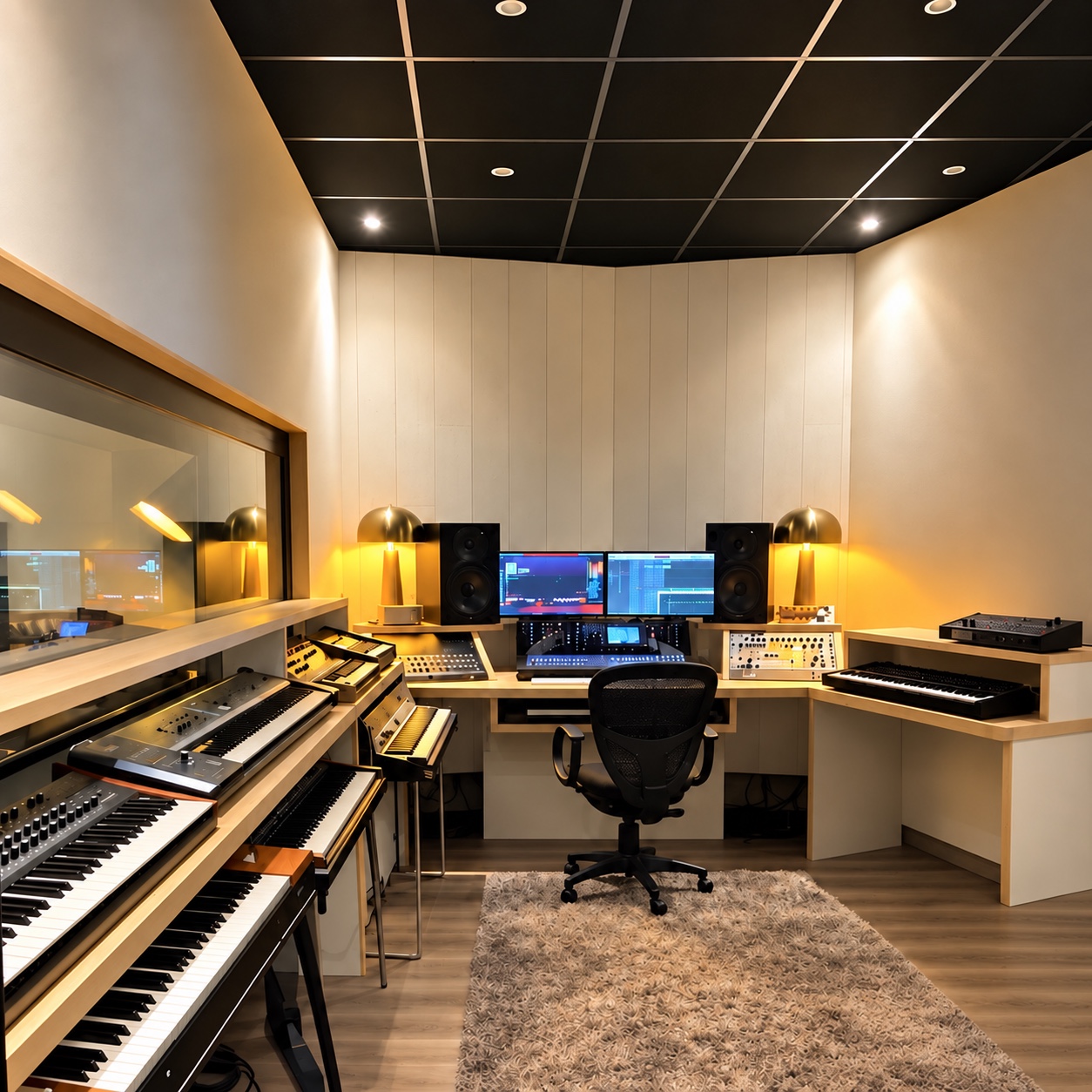 Le Studio B avec ses claviers, ses synthétiseurs et son poste de production