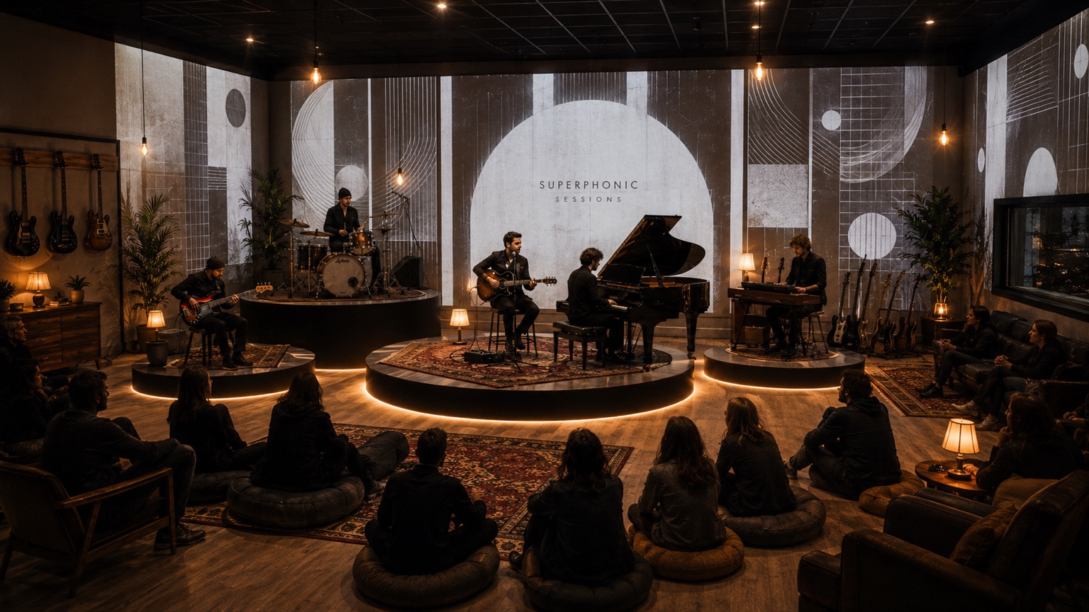 Superphonic Sessions : musiciens sur scène autour d’un piano à queue, face à un public installé dans le studio